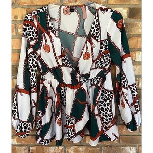 Shein Women’s Chain and Leopard Print Belted Peplum Long Sleeve Blouse Medium